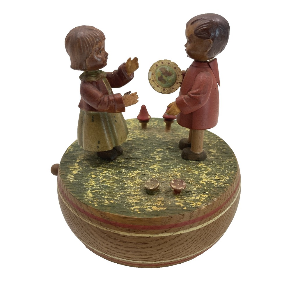 Rare ANRI Reuge Vtg Swiss Music Box Boy & Girl Happy Birthday Mushrooms Working!